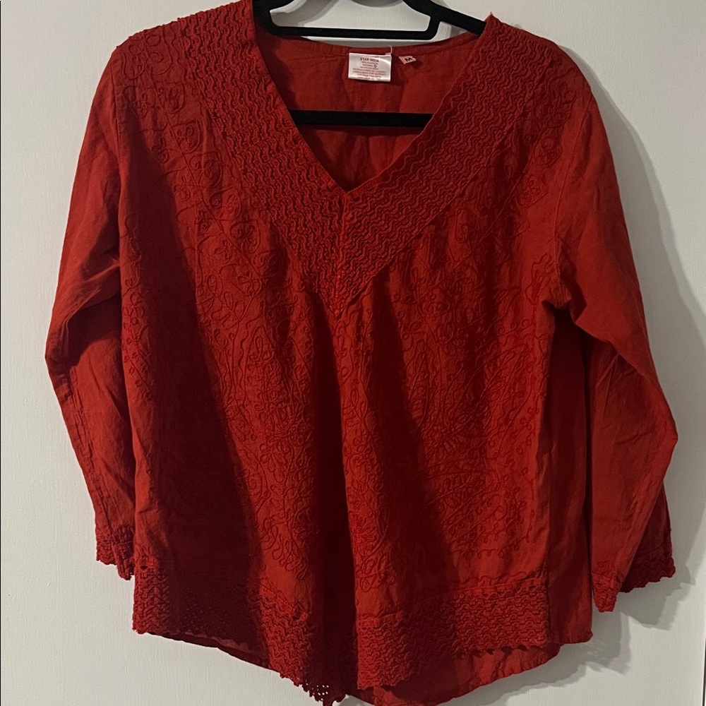 Red Boho Embroidered 100% Cotton Blouse Top
